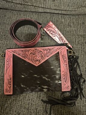 Hand-Tooled Pink Trim Black Hair-On Hide Crossbody with Fringe